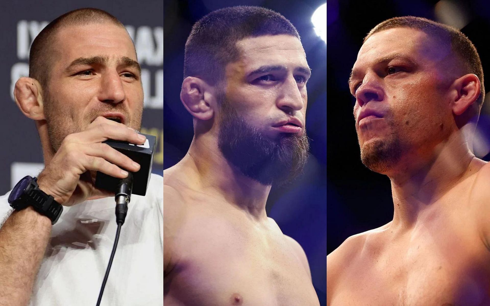 L-R: Sean Strickland, Khamzat Chimaev, and Nate Diaz