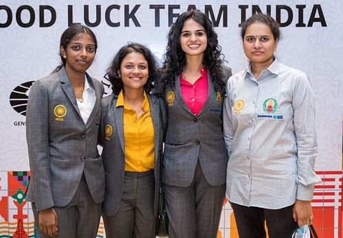 India A team (from L) R Vaishali, Bhakti Kulkarni, Tania Sachdev and Koneru Humpy won a bronze medal at the Chess Olympiad. (Pic credit: FIDE/Lennart Ootes & Stev Bonhage)