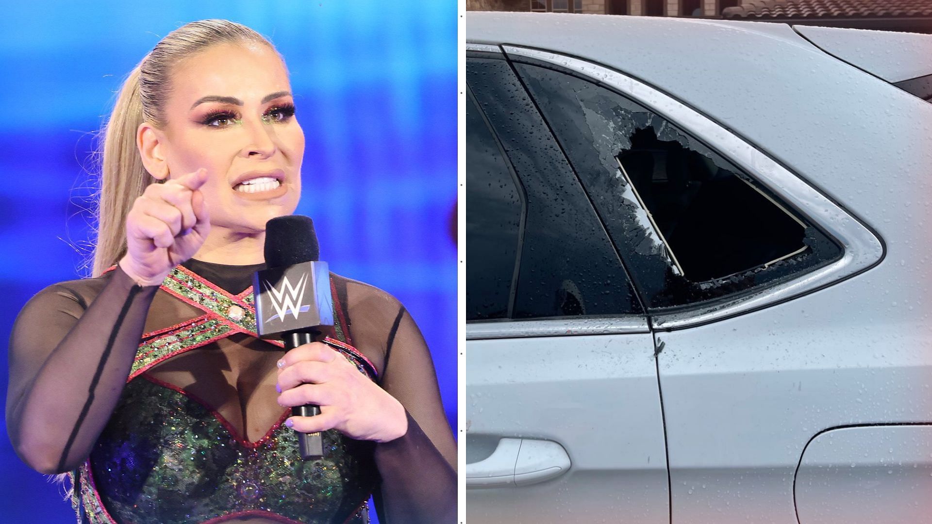 Natalya shatters the window of her own car.