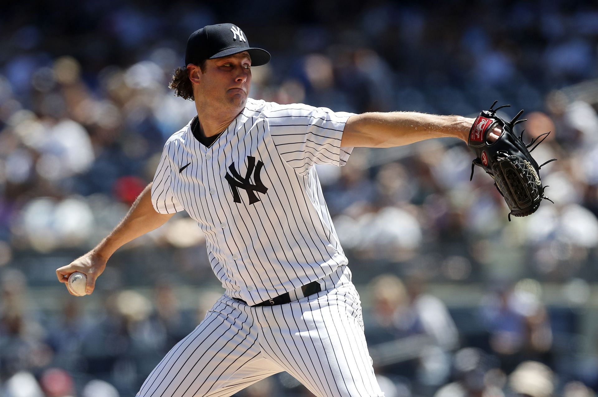 Gerrit Cole #45 of the New York Yankees pitches during the first inning against the Seattle Mariners at Yankee Stadium on August 03, 2022
