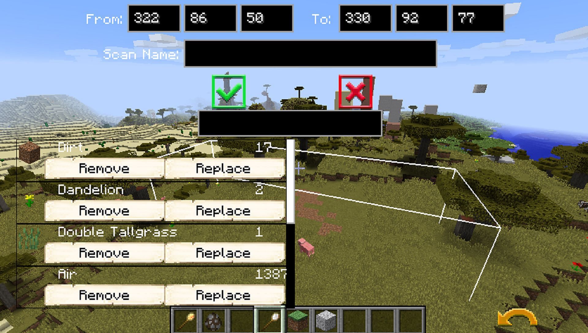 A player scans an area for editing (Image via H3lay/CurseForge)