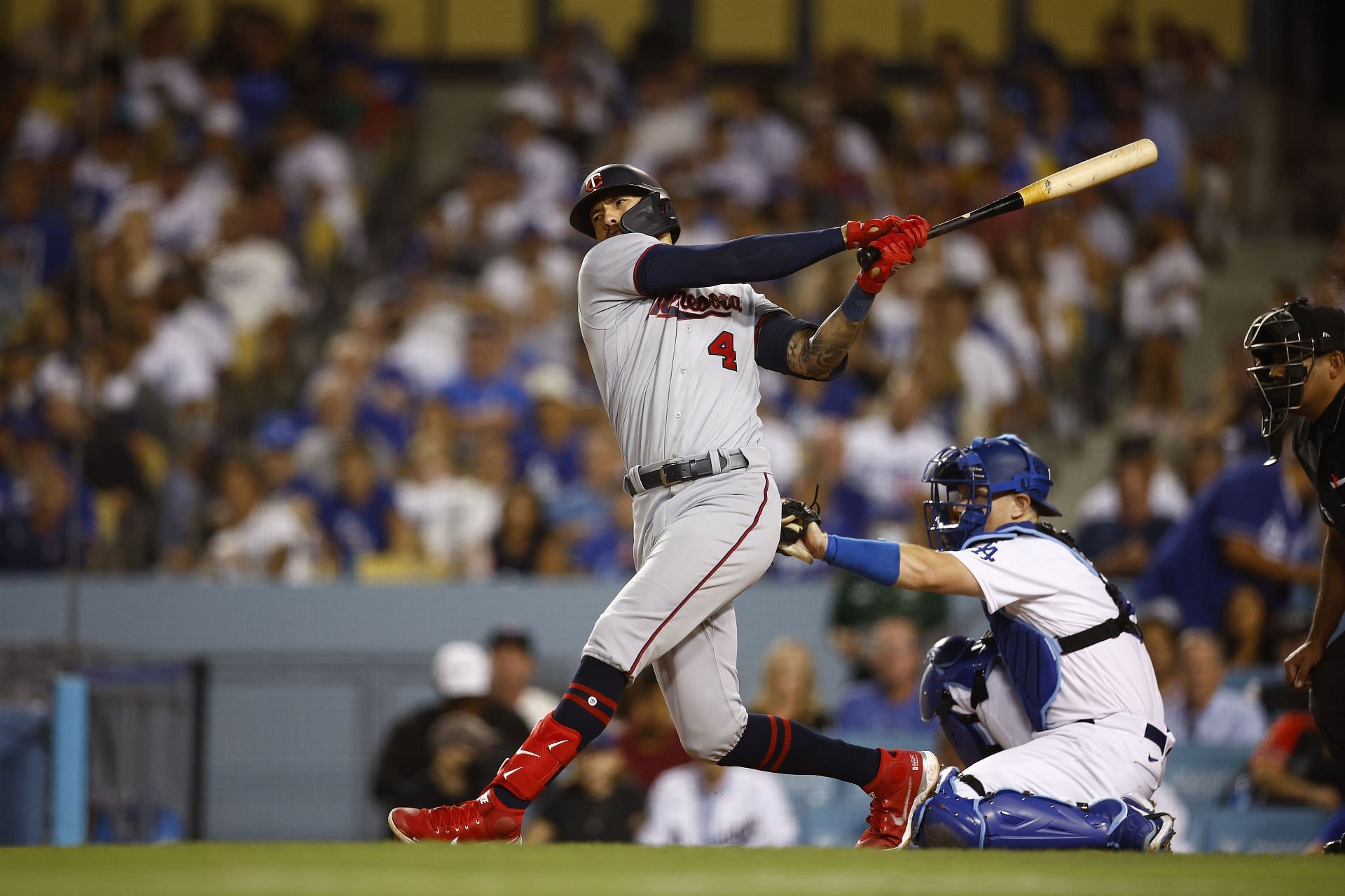 Carlos Correa bats during a Minnesota Twins v Los Angeles Dodgers game.