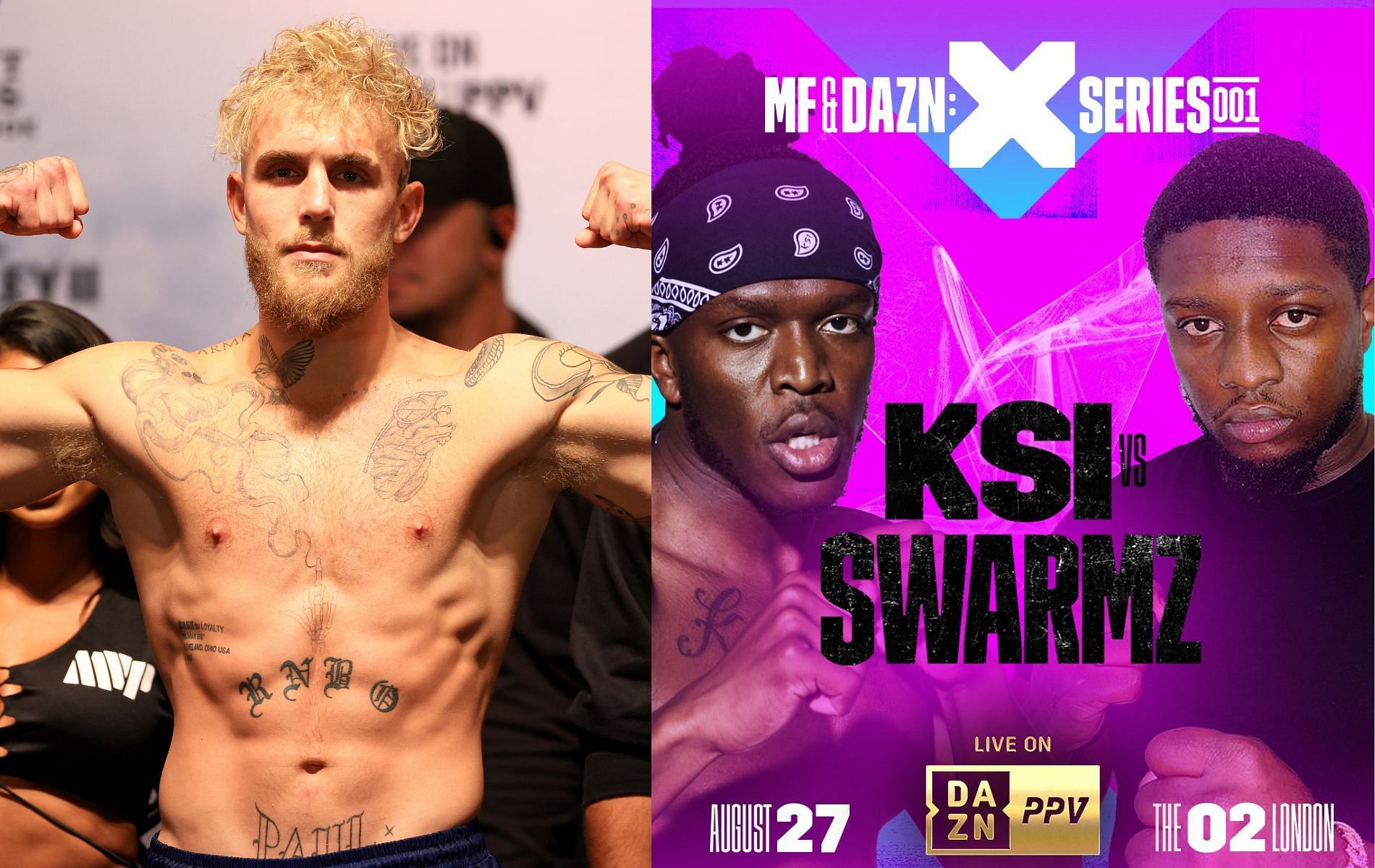 Jake Paul (L) and the KSI vs. Swarmz fight poster (R) [ Image credits via @DAZNBoxing /Twitter ]