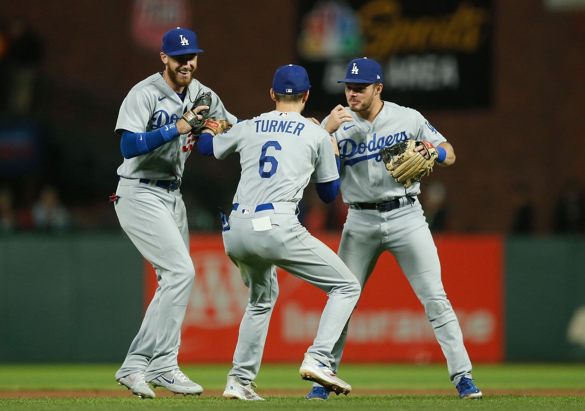 Dodgers celebrate after a win.