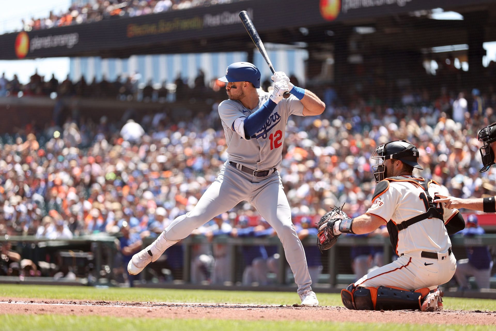 Joey Gallo bats against the Minnesota Twins in the seventh inning at Dodger Stadium.