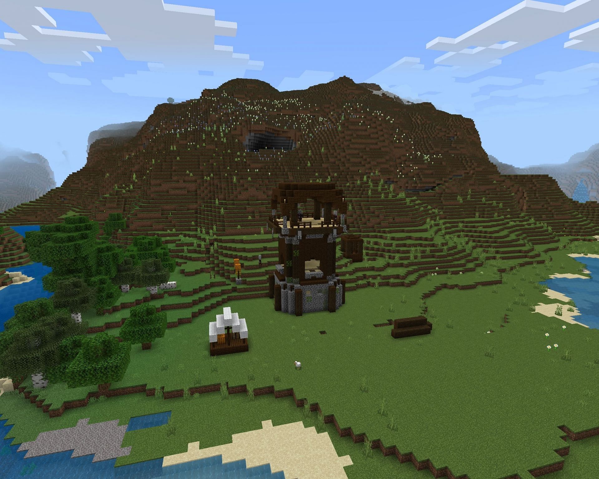 The pillager outpost players can find near spawn (Image via Minecraft)