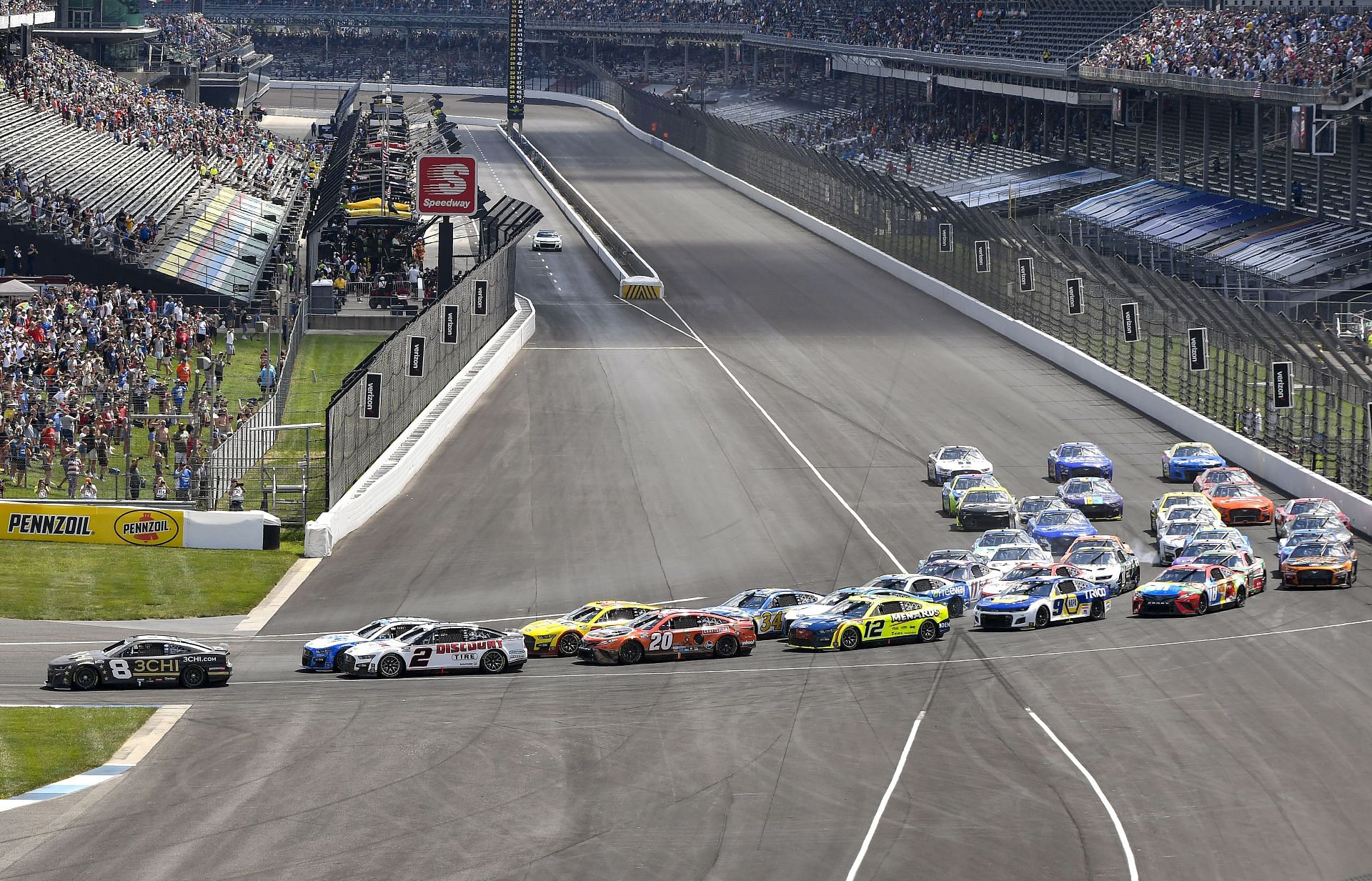 Tyler Reddick leads the field during the NASCAR Cup Series Verizon 200 at the Brickyard at Indianapolis Motor Speedway (Photo by Logan Riely/Getty Images)