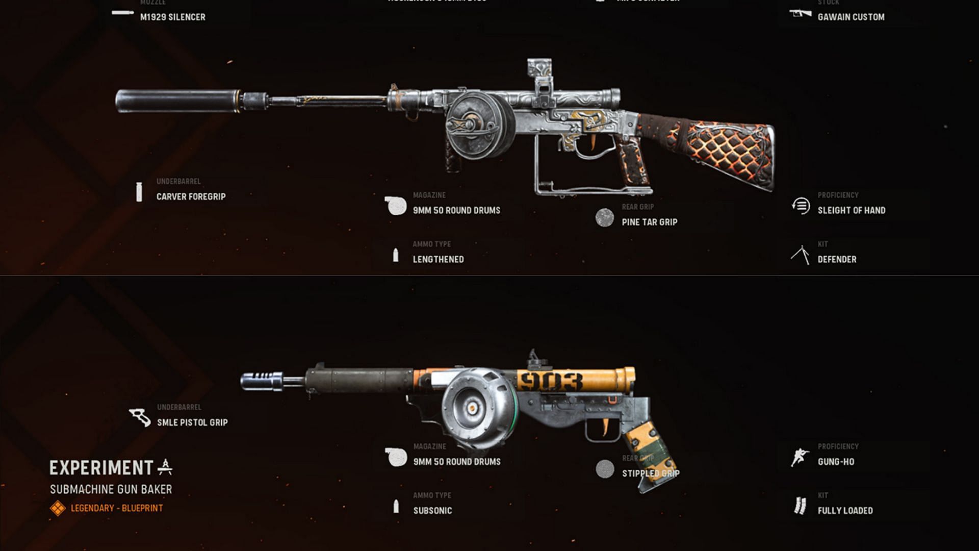 Some available blueprints for the Sten in-game (Image via Activision)