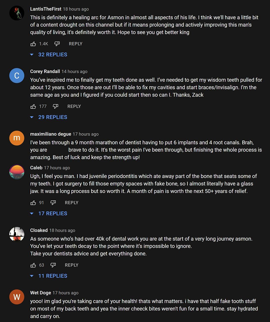 Fans in the YouTube comments section reacting to the streamer's video update (Images via Asmongold/YouTube)