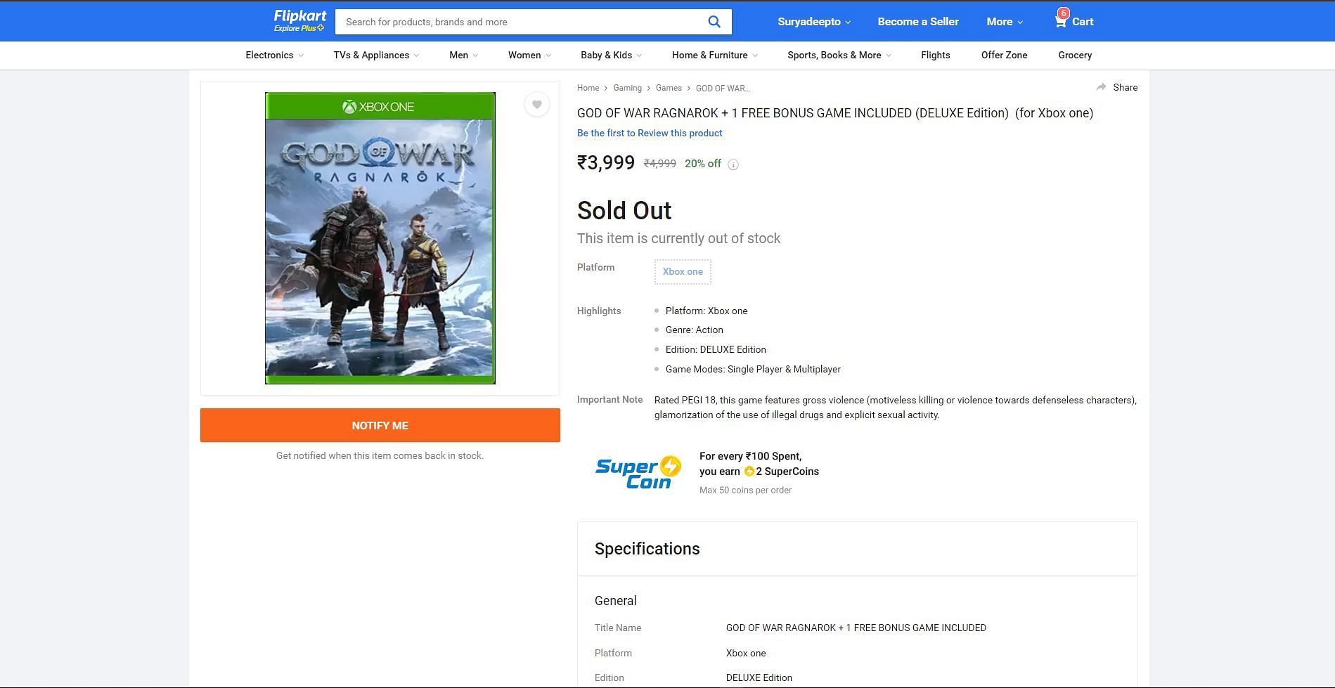 Ragnarok Xbox edition for sale (image via Flipkart)