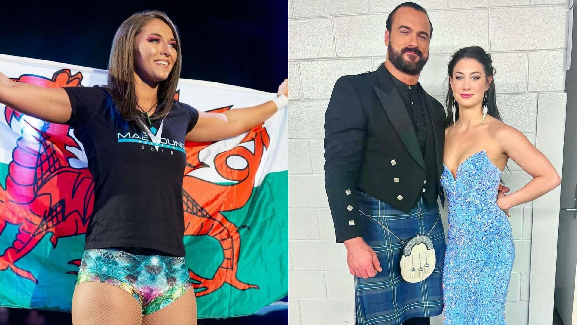 Tegan Nox (left) and Drew McIntyre with his wife (right)