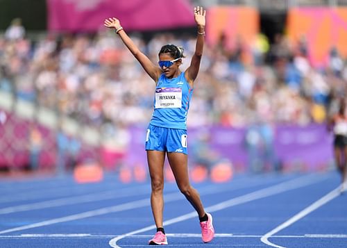 Priyanka Goswami celebrates her silver medal at CWG 2022. (PC: Getty Images)