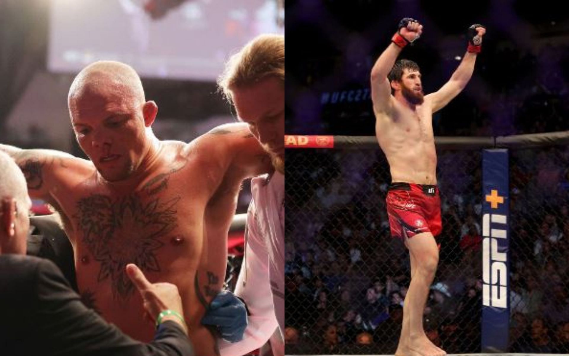 Anthony Smith being helped out of the cage after his fight with Magomed Ankalaev at UFC 277 (left), Ankalaev after his win (right)