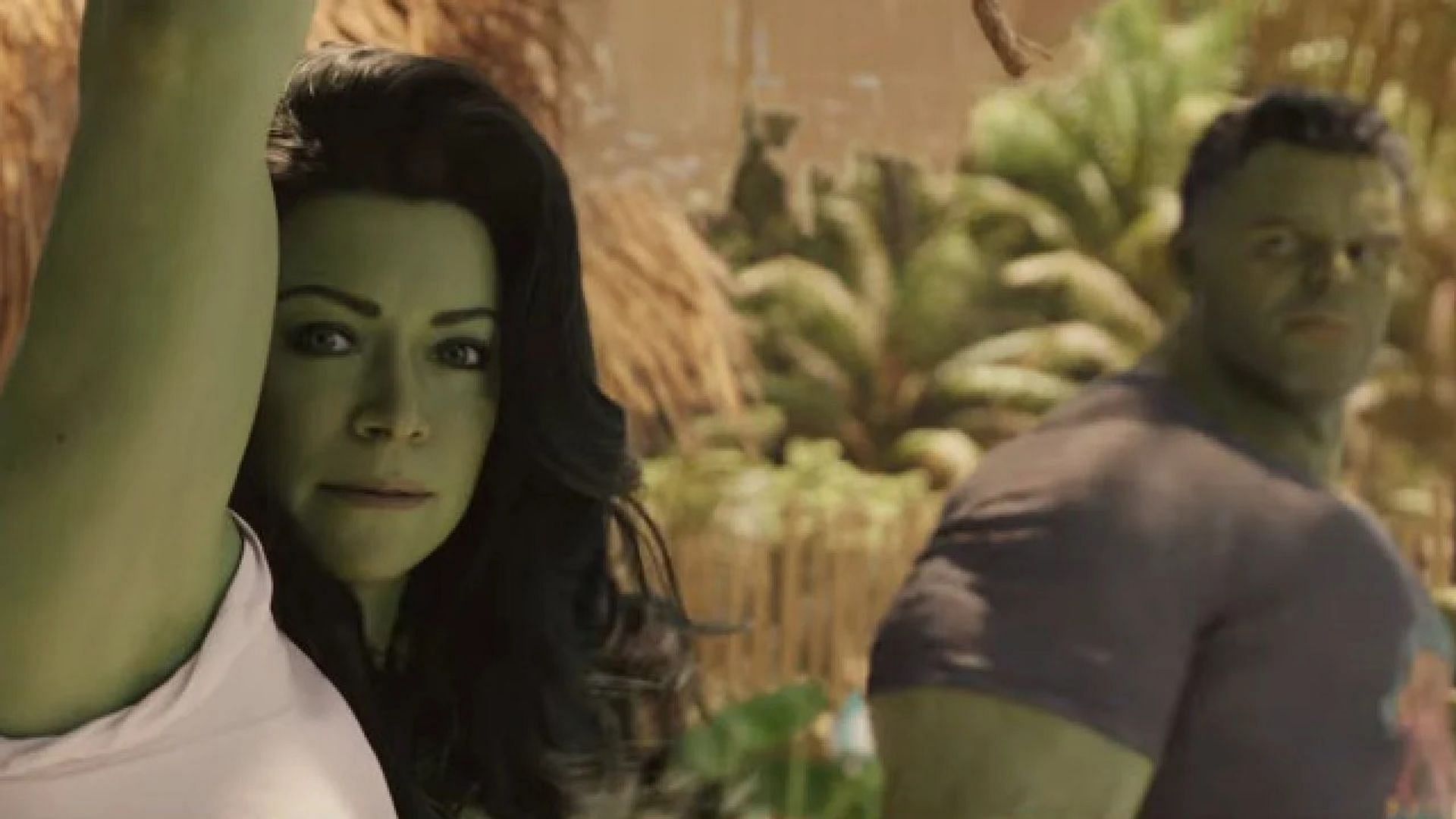 Still from Disney+&#039;s She-Hulk: Attorney At Law - Jennifer Walters and Bruce Banner (Image via Disney+)