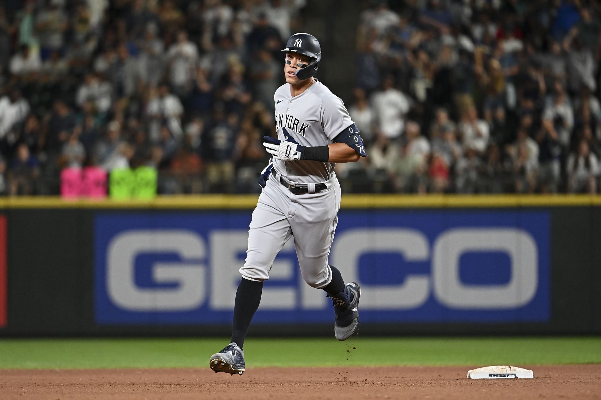 Aaron Judge rounds the bases after hitting his 44th home run during a New York Yankees v Seattle Mariners game on August 8.