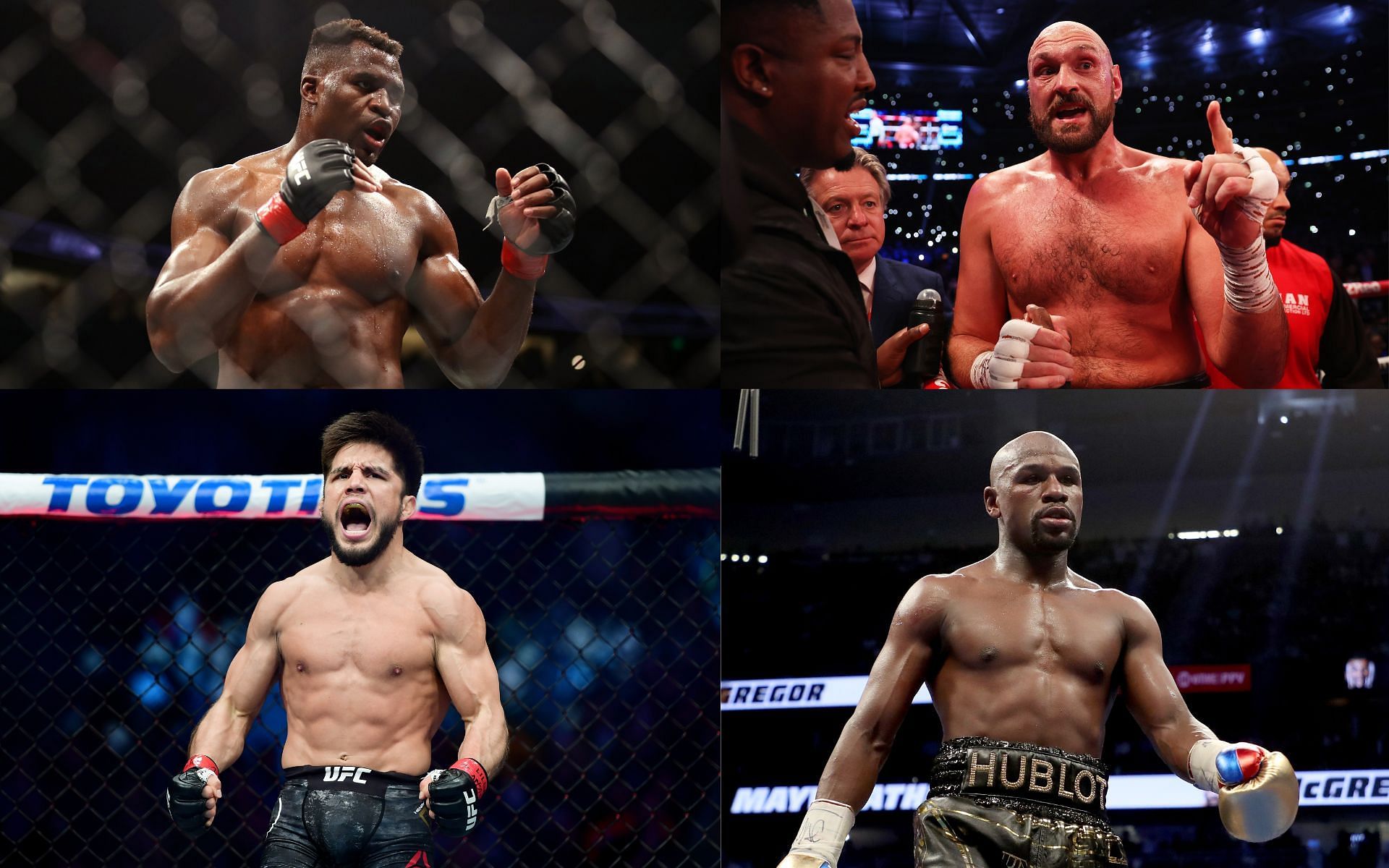 Clockwise, starting with the top left: Francis Ngannou, Tyson Fury,  Floyd Mayweather, and Henry Cejudo