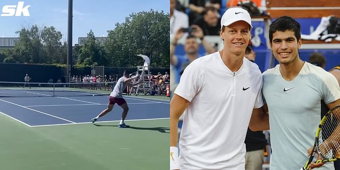 Watch: Next-Gen sensations Carlos Alcaraz and Jannik Sinner produce an outstanding rally as they hit the practice courts together ahead of the Canadian Open