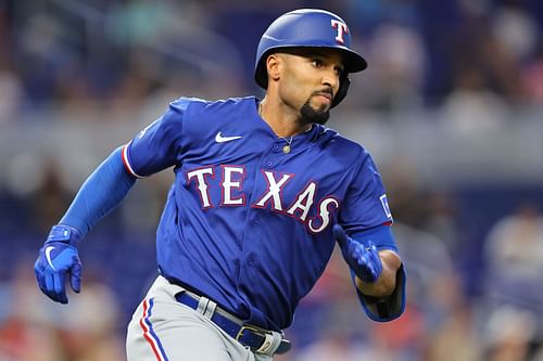 Marcus Semien of the Texas Rangers versus the Miami Marlins