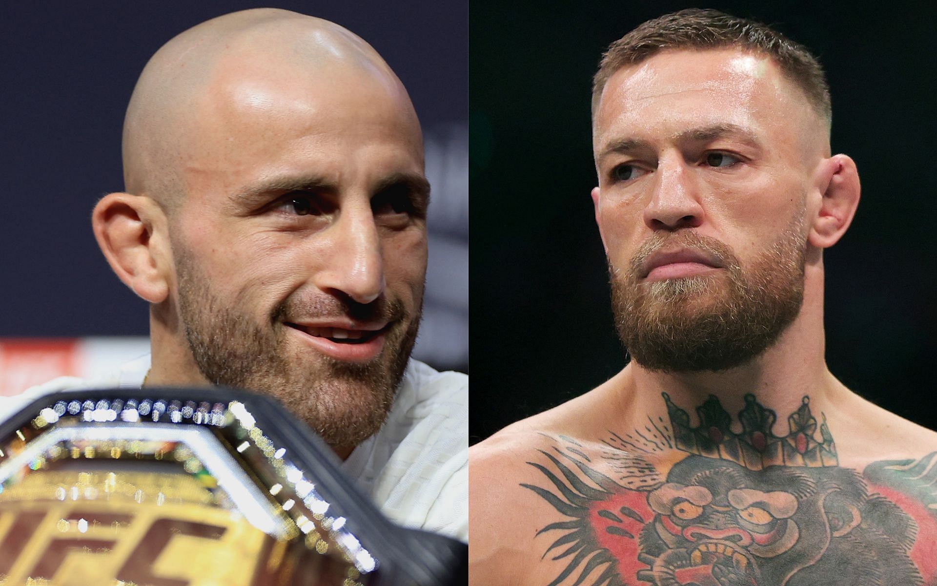 Alexander Volkanovski (L) has named Conor McGregor(R) as the fourth member of his featherweight Mount Rushmore list 