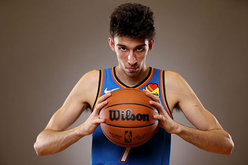 OKC Thunder's Chet Holmgren poses for the 2022 NBA Rookie Portraits