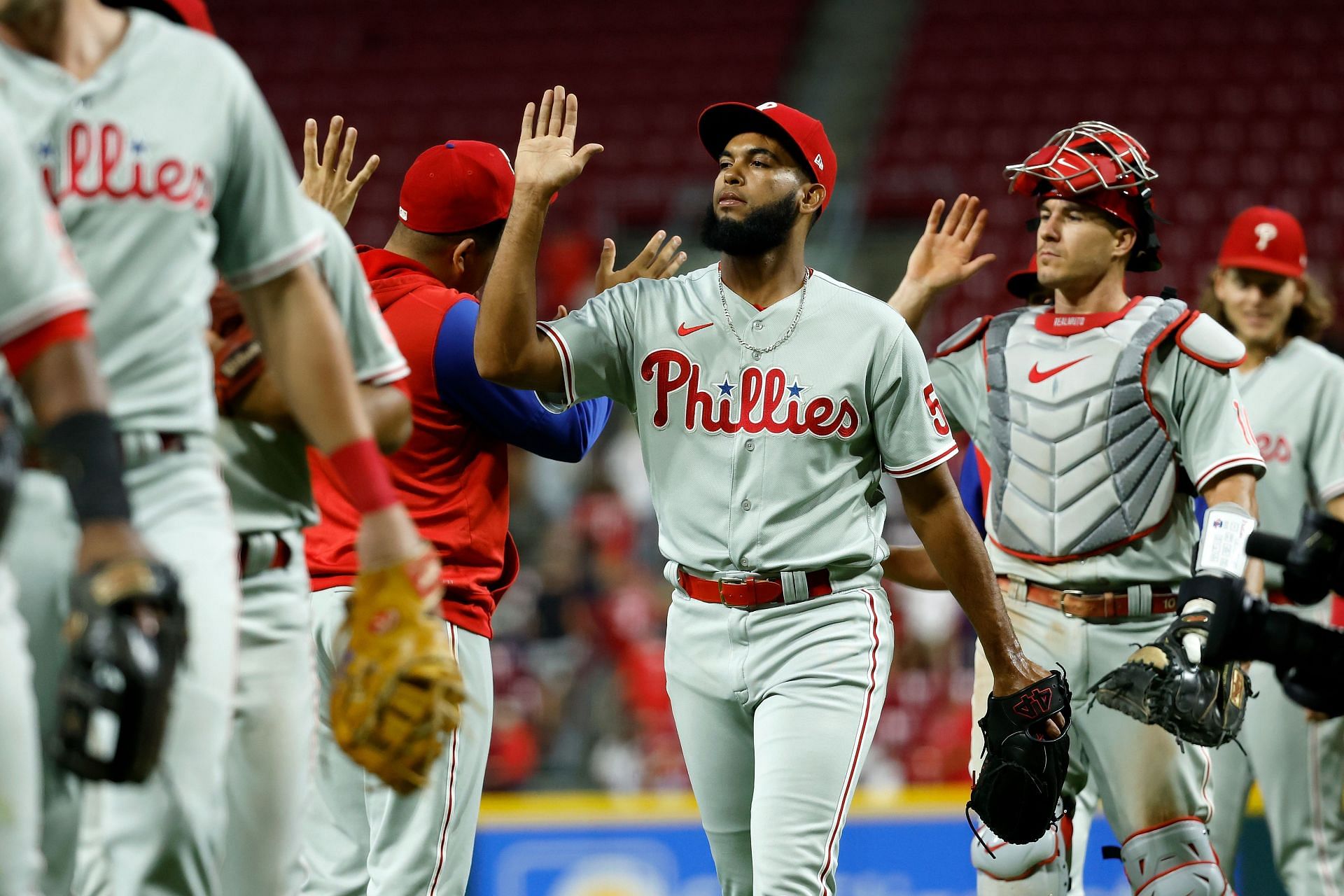 The Phillies celebrating a win over the Reds