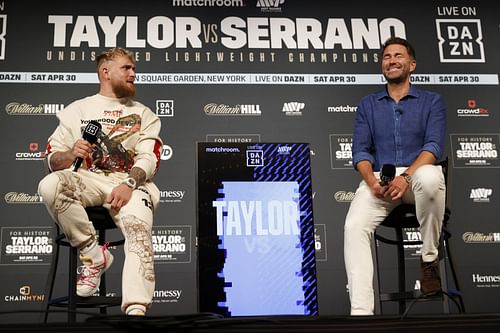 Jake Paul (left) and Eddie Hearn (right) during the Katie Taylor v Amanda Serrano Weigh-in