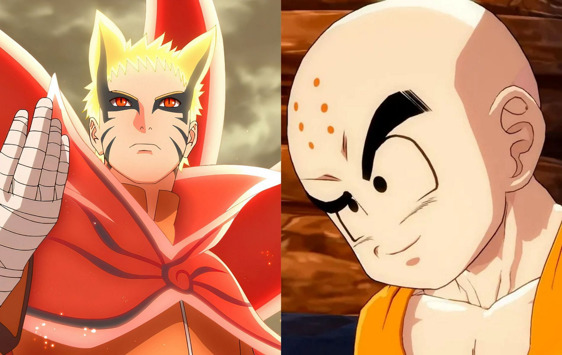 Why will Dragon Ball&rsquo;s Krillin be able to solo the Narutoverse? (Images via Naruto and Dragon Ball Fighter Z)