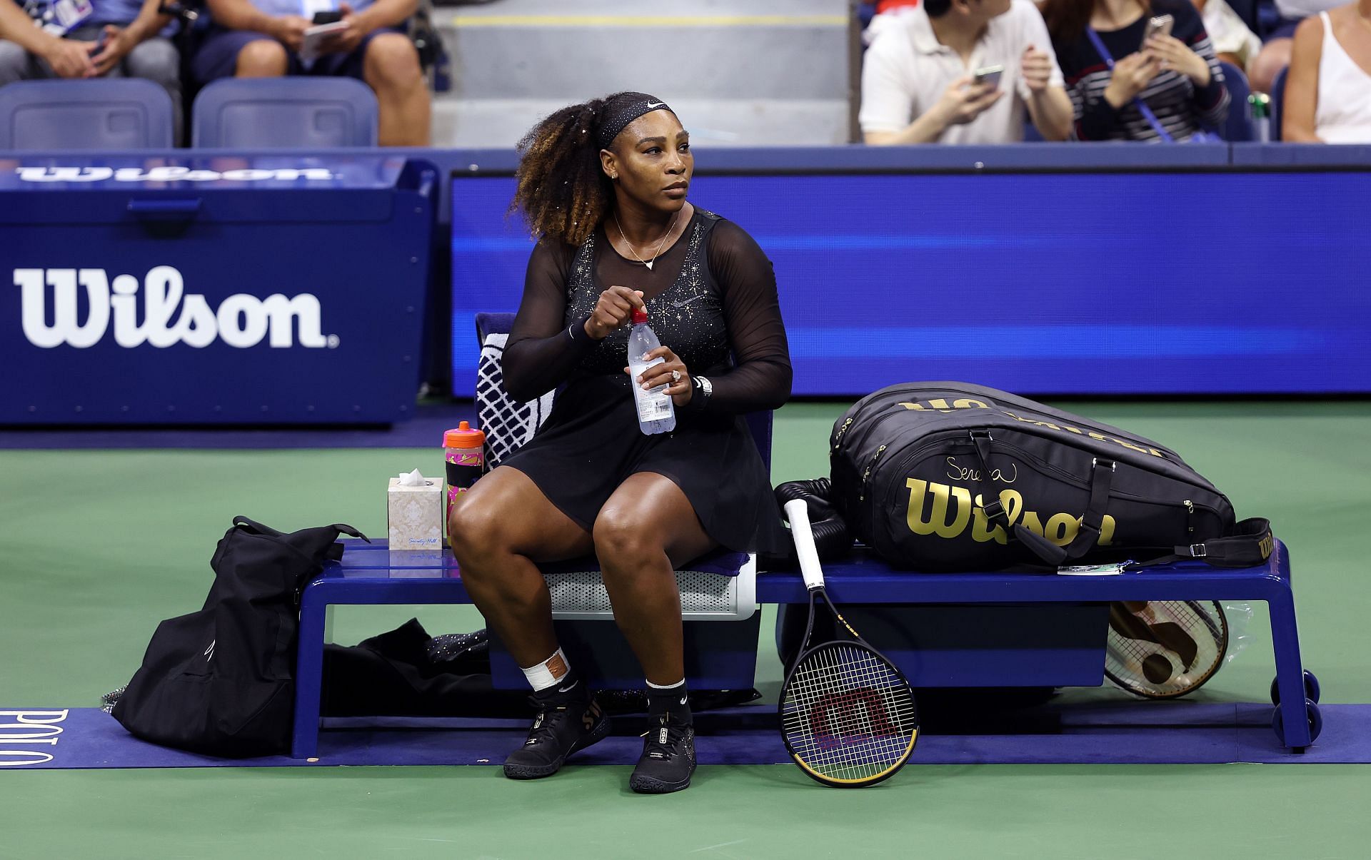 Serena Williams looks on before her match against Danka Kovinic at the 2022 US Open - Day 1
