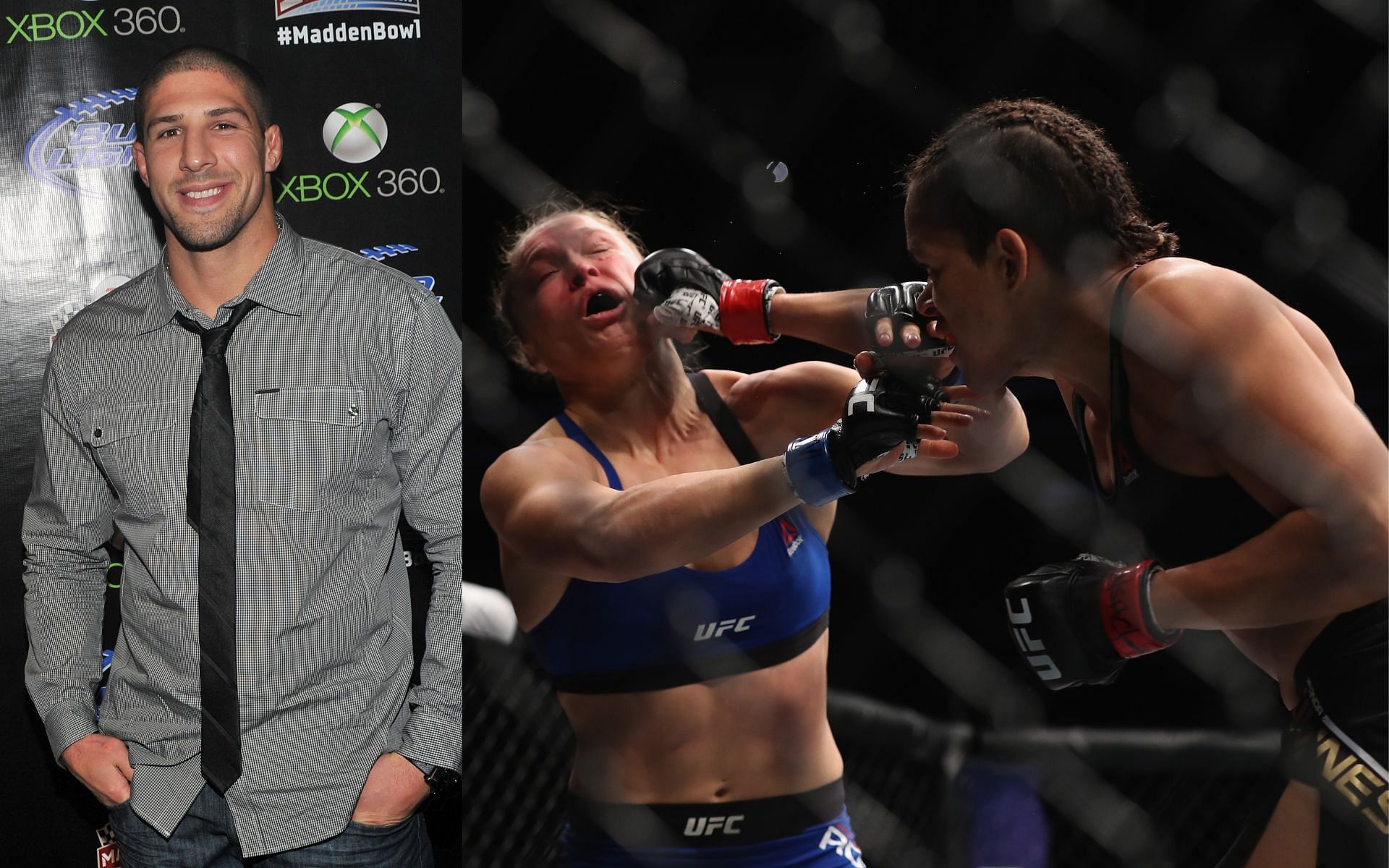 Brendan Schaub (left); Ronda Rousey (center) being struck by Amanda Nunes (right)