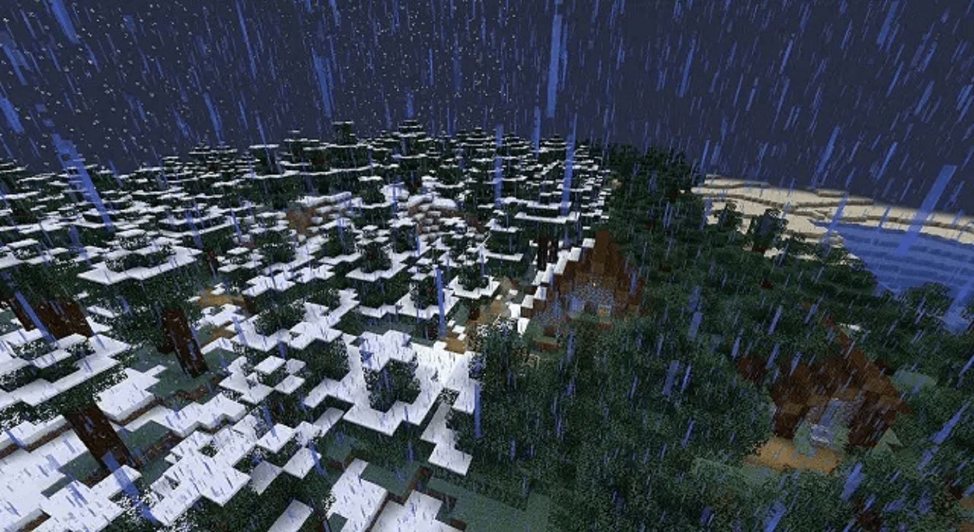 This seed&#039;s taiga village is cozy and should have an armorer (Image via Mojang)