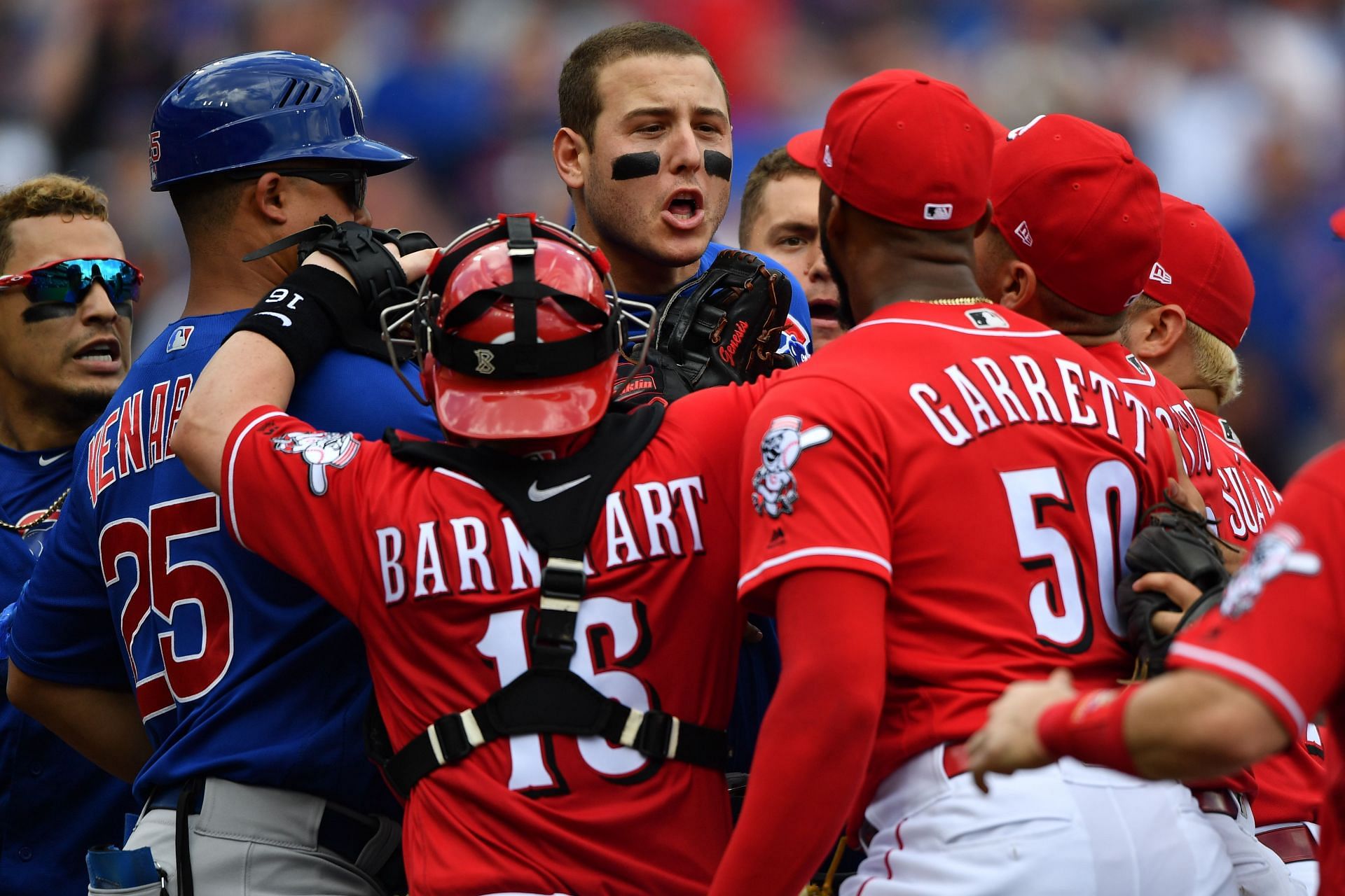 The fued between Garrett and Baez began during a Chicago Cubs v Cincinnati Reds.