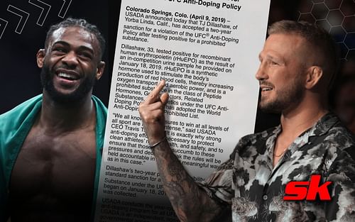 T.J. Dillashaw addresses Aljamain Sterling's accusations of him still using banned substances. [Image credit: Twitter/@arielhelwani; Getty Images]