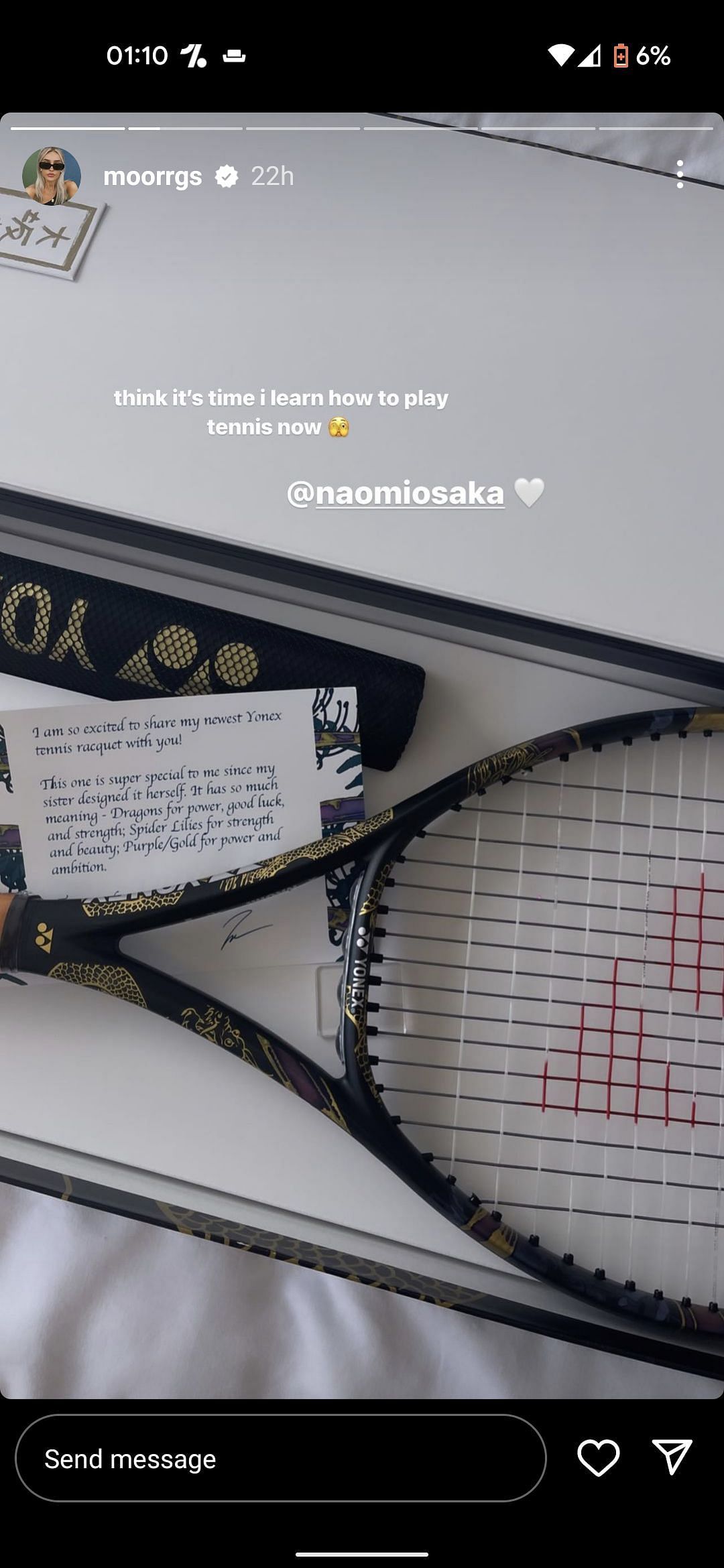 Morgan Riddle&#039;s Instagram story about Naomi Osaka&#039;s gift to her.