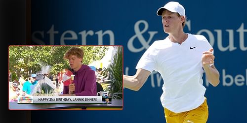 Jannik Sinner (inset) receives a cake during his interview on the Tennis Channel