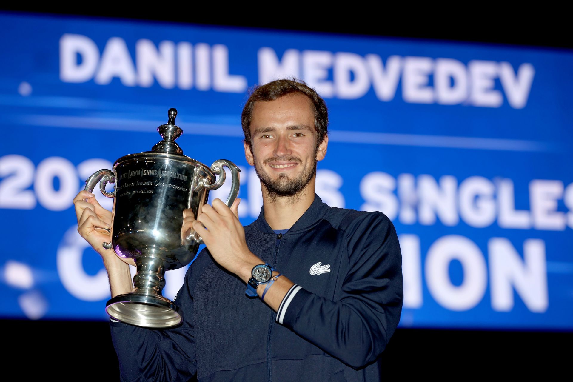 Medvedev with the 2021 US Open men's singles trophy.