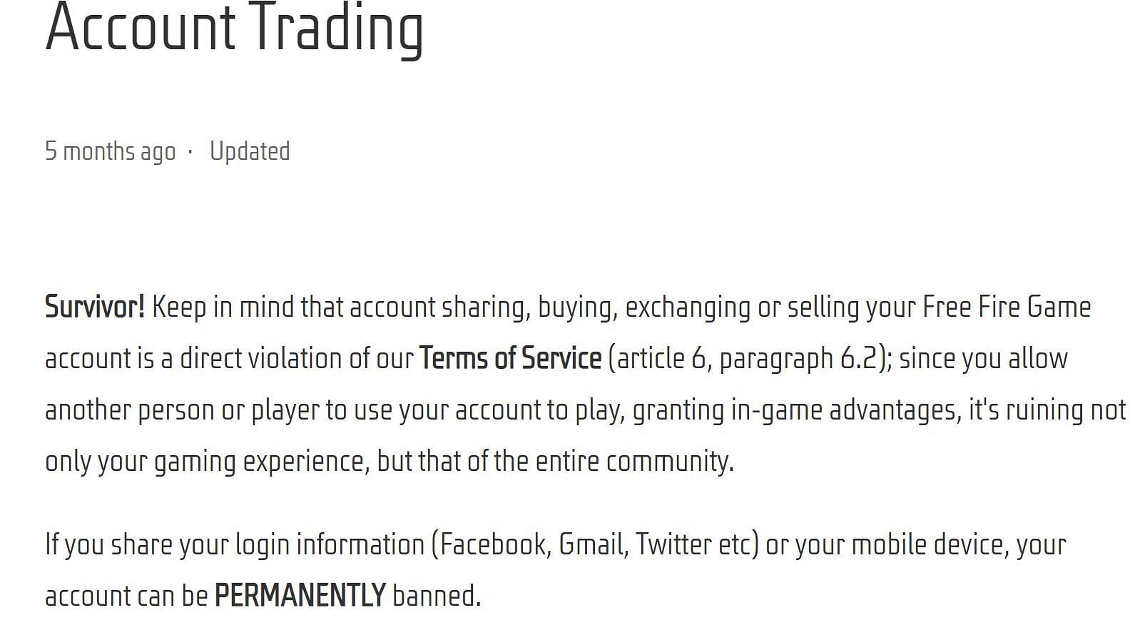 Here is the exact stance that developers have on account trading (Image via Garena)