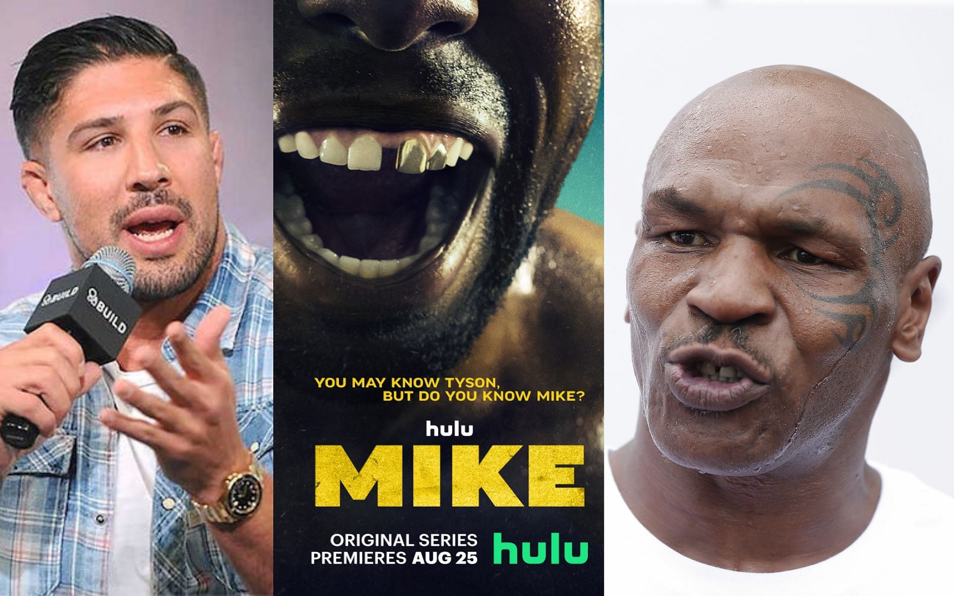 Brendan Schaub (left), &#039;Mike&#039; Hulu poster (center), and Mike Tyson (right) [Images courtesy: onnit.com, Hulu, and Getty Images]