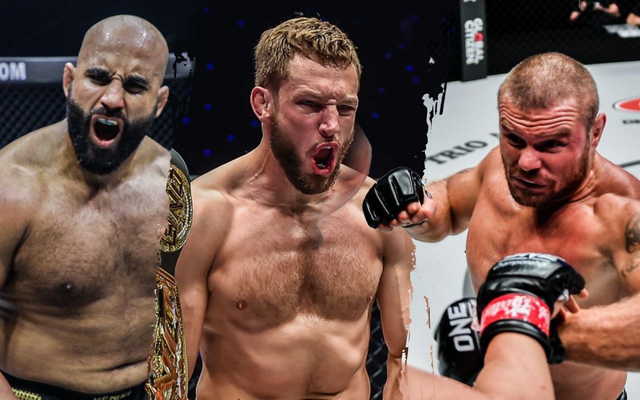 With ONE heavyweight world champion Arjan Bhullar (left) injured, Reinier de Ridder (center) suggests that he steps in to face Anatoly Malykhin (right) instead. (Image courtesy of ONE)