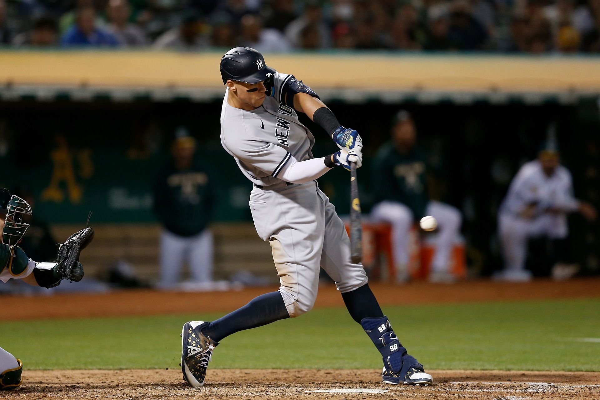 Aaron Judge connects on a pitch for his 49th home run of the season during tonight&#039;s New York Yankees v Oakland Athletics game. August 26, 2022.