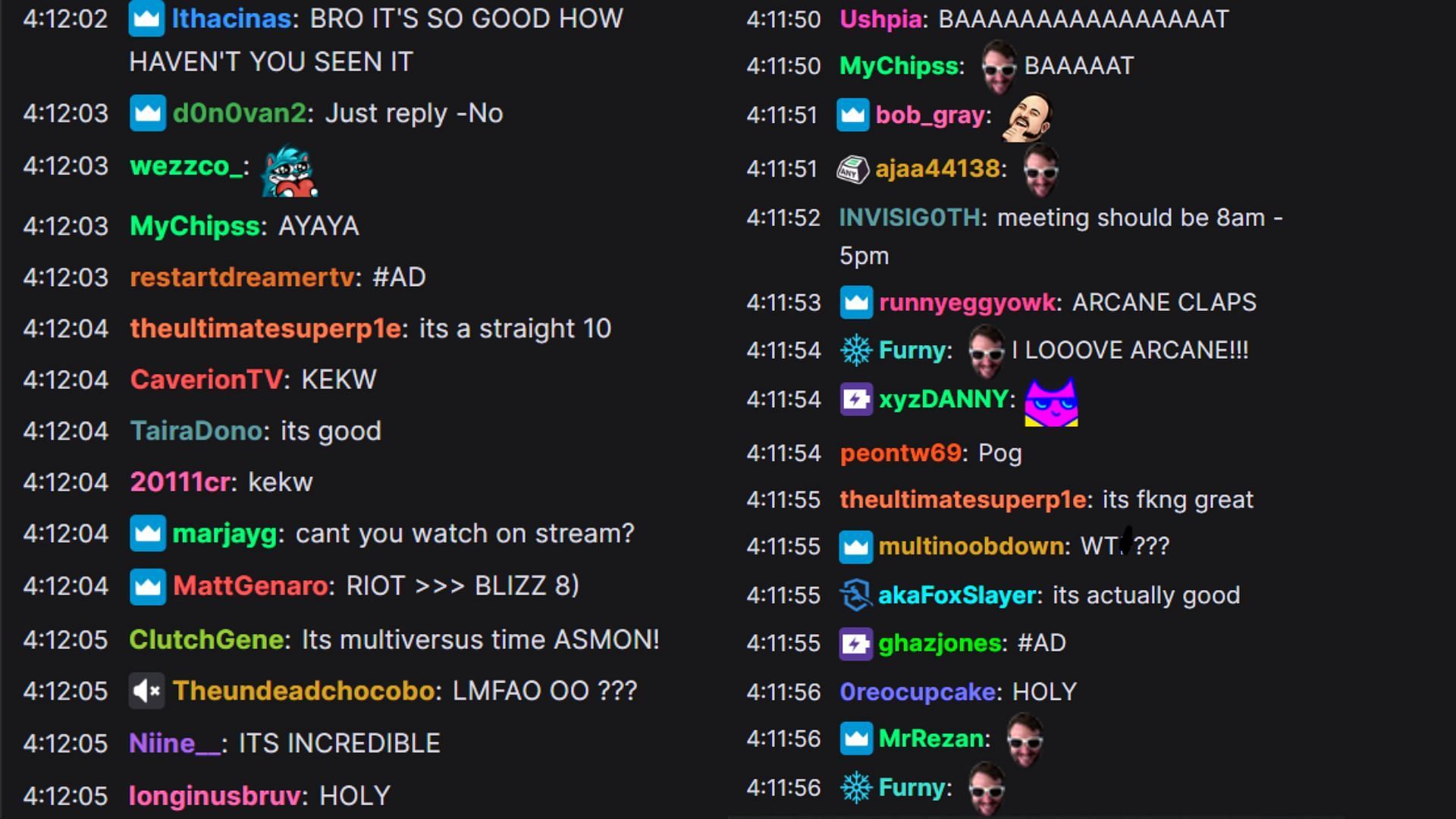 Chat expressing their opinions on Arcane (Image via zackrawrr/Twitch)