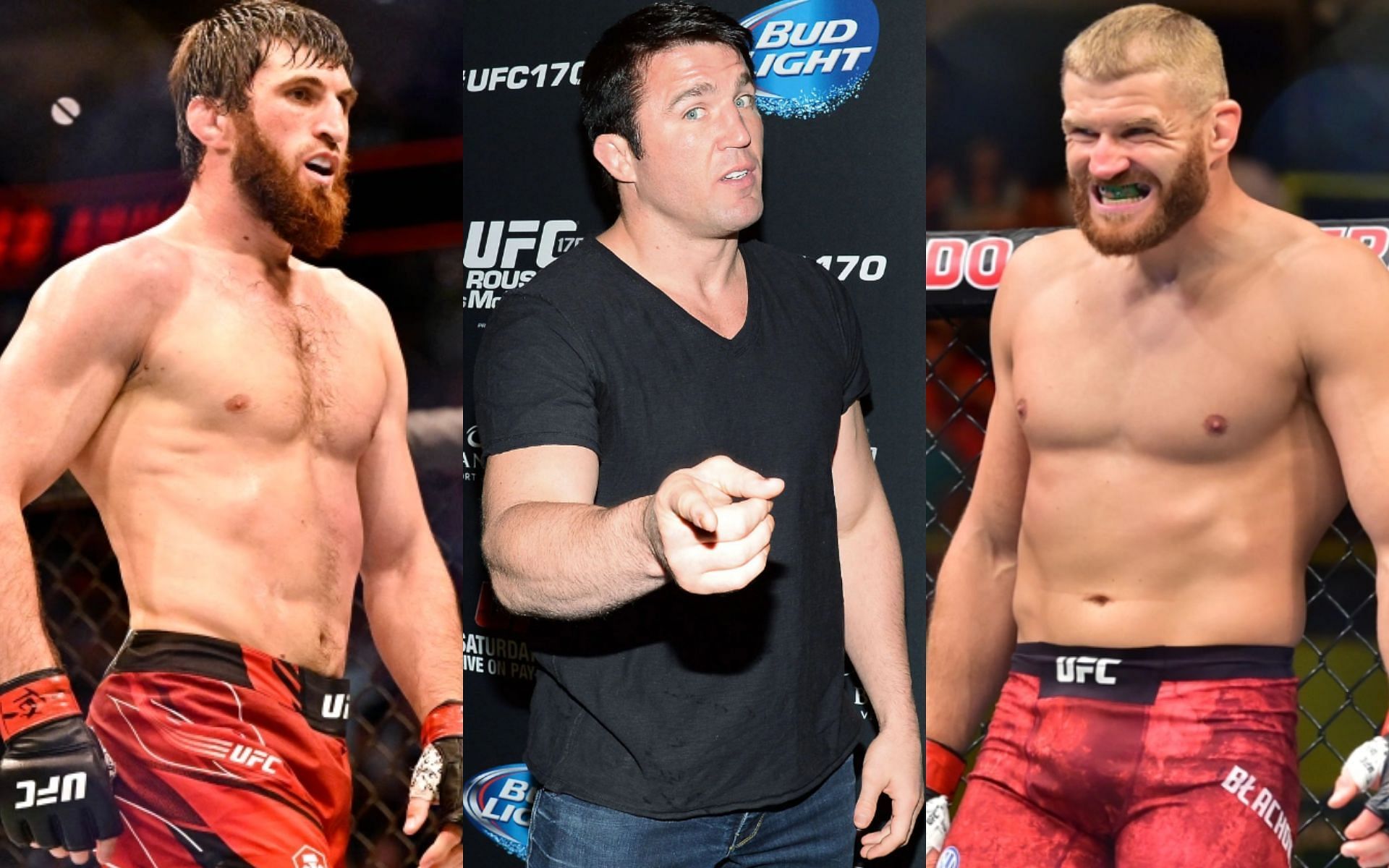 From left to right: Magomed Ankalaev, Chael Sonnen, and Jan Blachowicz [Image credits: Jerome Miron /USA TODAY Sports, Getty Images, and MMA Junkie)