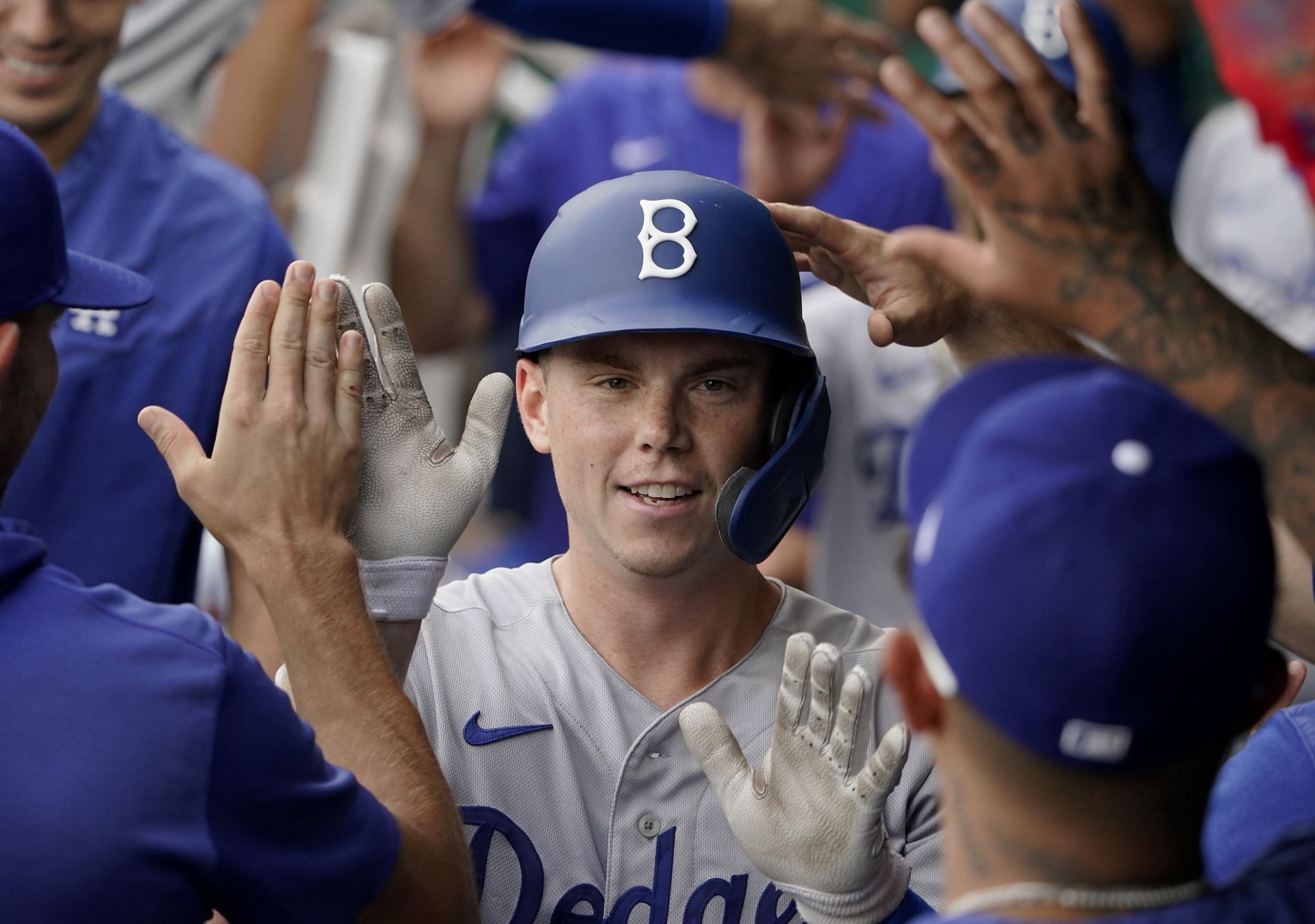 Will Smith celebrates a home run with teammates during a Los Angeles Dodgers v Kansas City Royals game at Kauffman Stadium in Kansas City, Missouri.