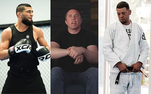 Khamzat Chimaev (left), Chael Sonnen (center), Nate Diaz (right) [Images courtesy: Chael Sonnen via YouTube, @khamzat_chimaev and @natediaz209 via Instagram]