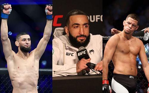 Khamzat Chimaev (left), Belal Muhammad (center), and Nate Diaz (right). [Images courtesy: center image from cagesidepress.com, left and right images from Getty Images]