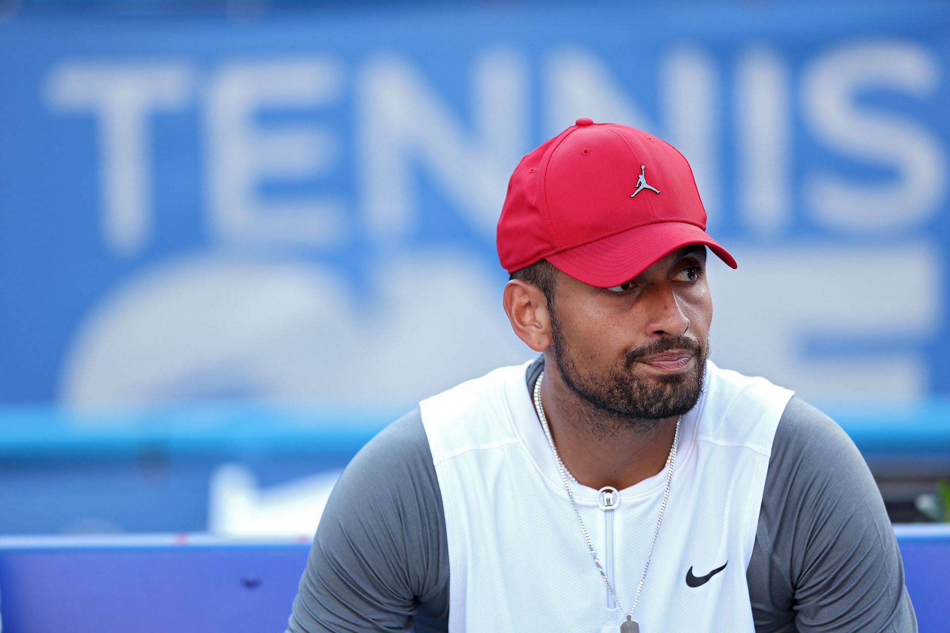 Nick Kyrgios reacts during a match at the 2022 Citi Open 
