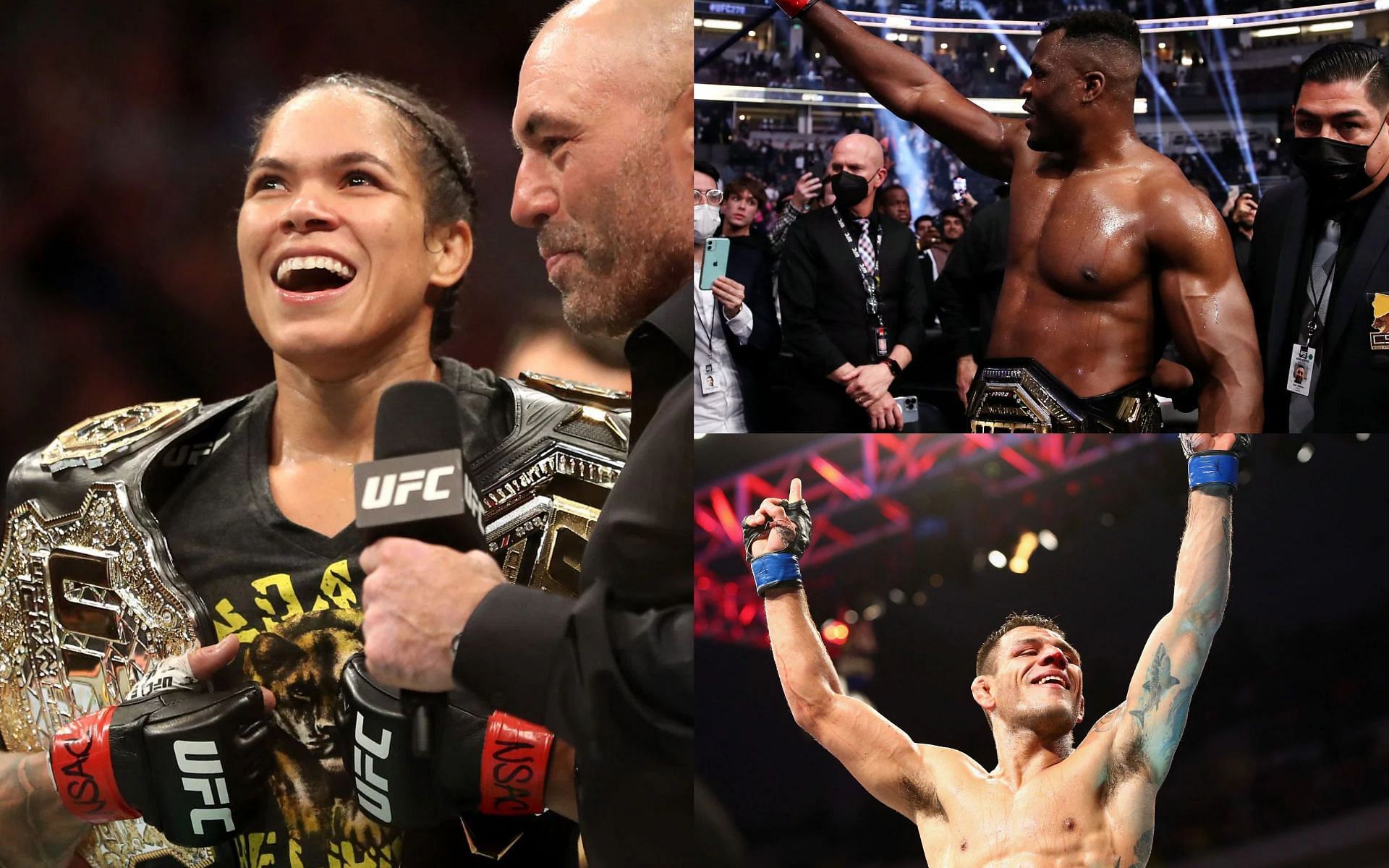 Amanda Nunes (left), Francis Ngannou (top right) and Rafael dos Anjos (bottom right)