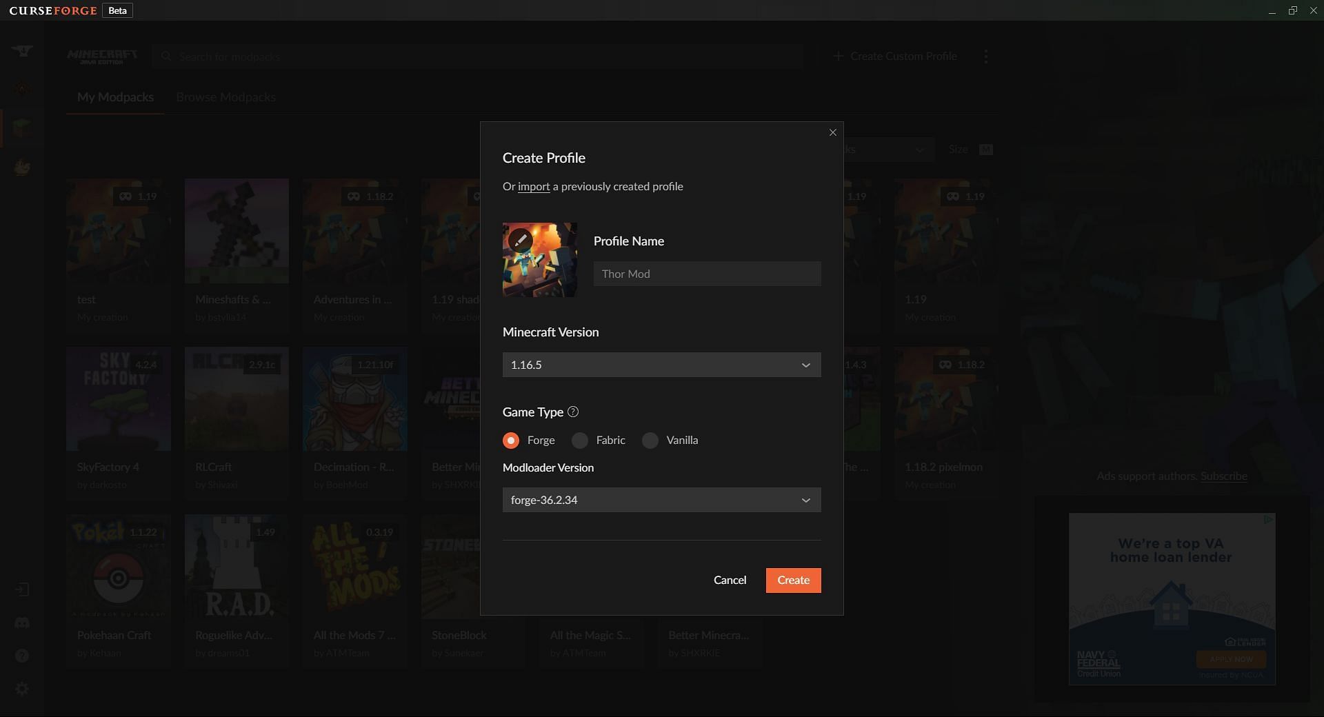 The CurseForge custom profile creation window (Image via CurseForge)
