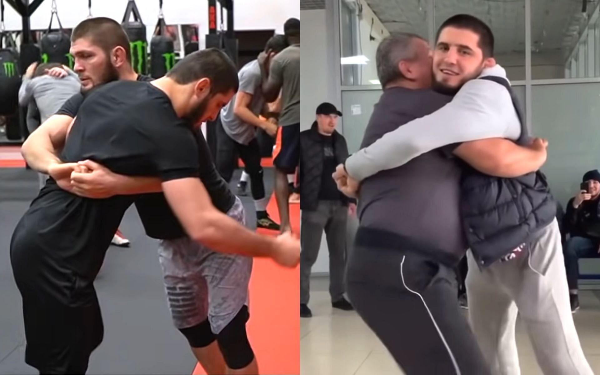 Islam Makhachev with Khabib Nurmagomedov (left), Islam Makhachev with Abdulmanap Nurmagomedov [Images courtesy: MMA Mountain and JavierMendezAKAPodcast via YouTube]