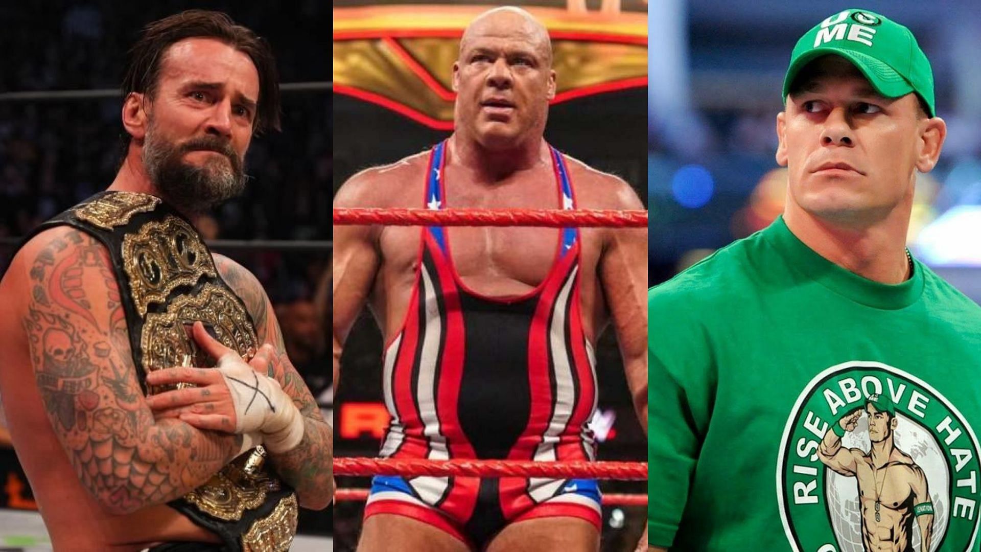 AEW star CM Punk (left); Kurt Angle (centre); John Cena (right)