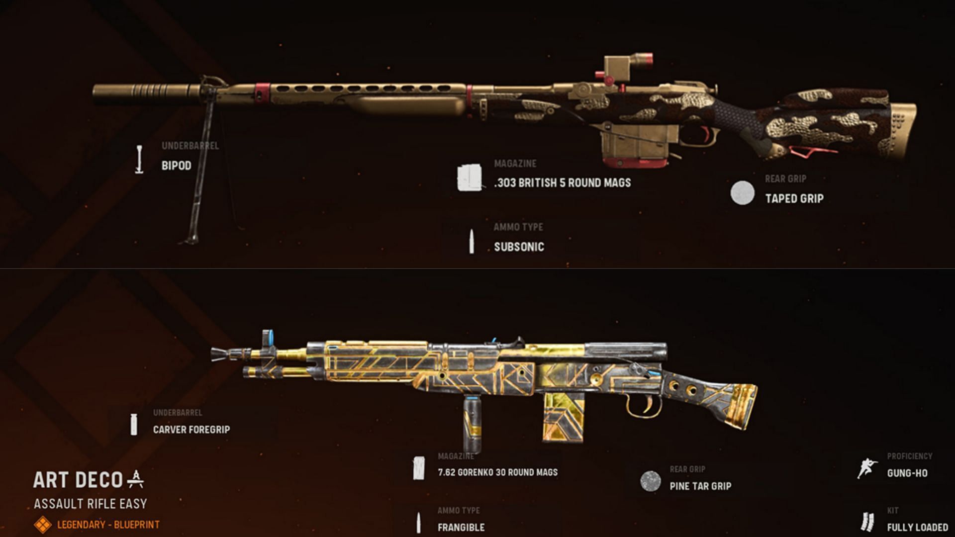 Some of the available blueprints for the 3-Line Rifle and Volk (Image via Activision)
